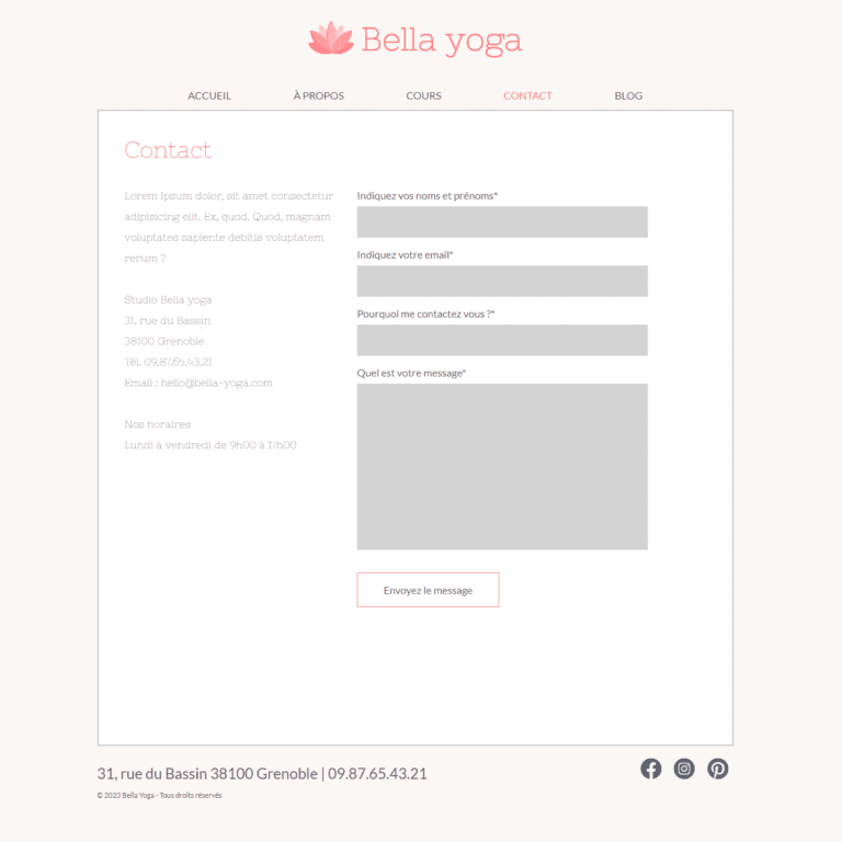page contact Bella Yoga
