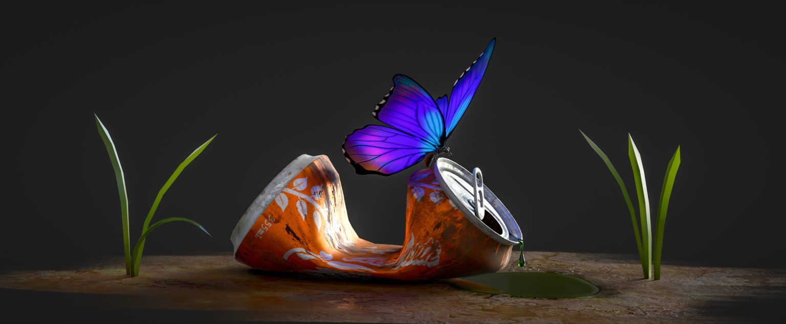 Papillon et canette de soda